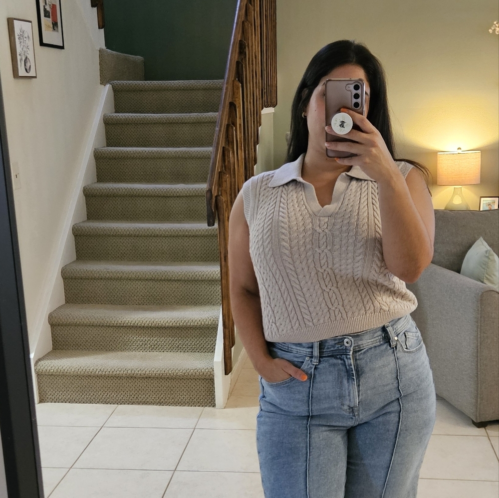 100% Cotton Beige Knit Short Sleeve Sweater